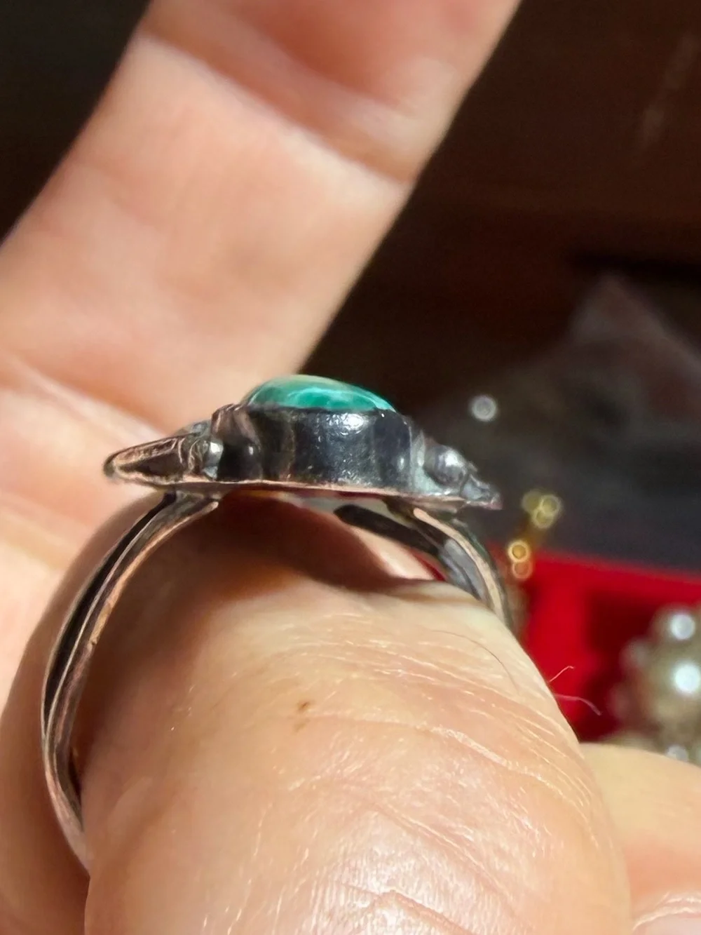 Vintage Navajo Sterling Silver Green Turquoise Leaf Floral Ring Size 5